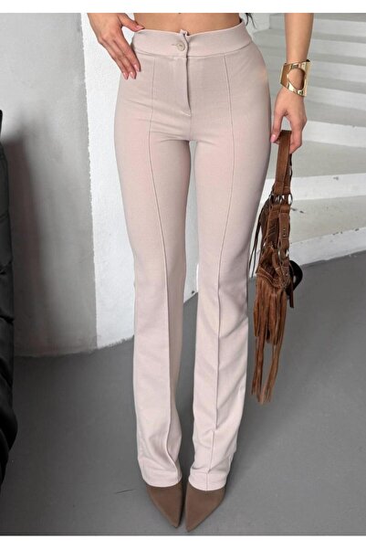 miyase life Жіночі бежеві креп-тканина лайкра спереду трав'янисті розкльошені штани палаццо