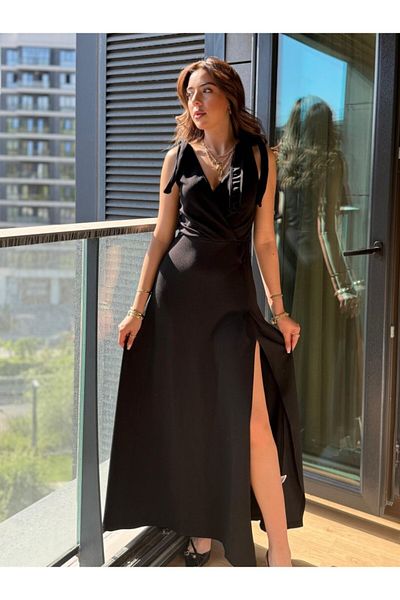 gelirr Women's Straps Shoulder Tie Double Breasted Collar Long Slit Janjan Crepe Dress