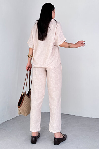 Cappmoda Tkm-13309 Stone Color Polo Collar Oversize T-Shirt & Carrot Trousers with Tie Detail Two-Piece Set