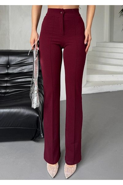 miyase life Women's Burgundy Crepe Fabric Lycra Front Flare Palazzo Trousers