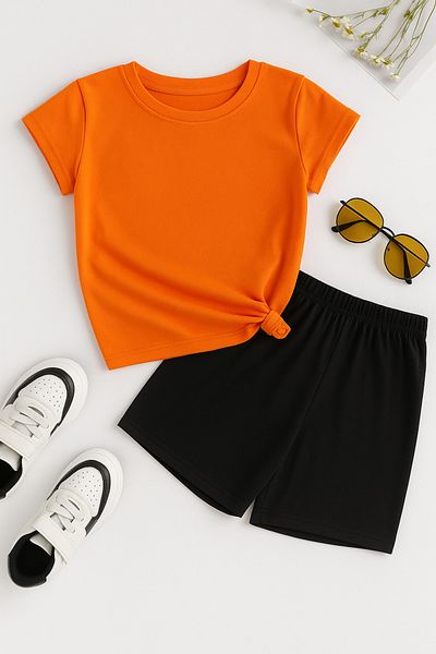 DUBU BUTİK Heart Cotton Kids Set - Orange T-shirt & Black Shorts - Printed Girls Boys Summer Crew Neck