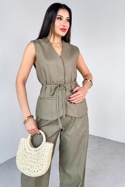 Cappmoda Tkm-13312 Khaki Lined Vest & Palazzo Trousers Linen Double Set with Lacing Detail