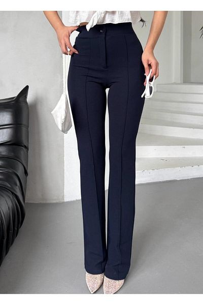 miyase life Women's Navy Blue Crepe Fabric Lycra Front Chiseled Flare Leg Palazzo Trousers