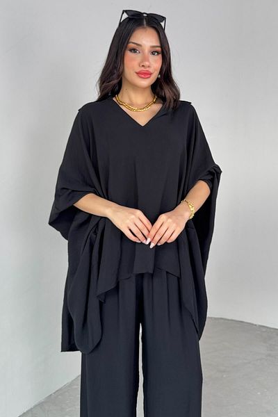 Cappmoda Tkm-13286 Black Shirt Collar Pocket Bat Sleeve Blouse Wide Leg Loose Trousers Double Suit