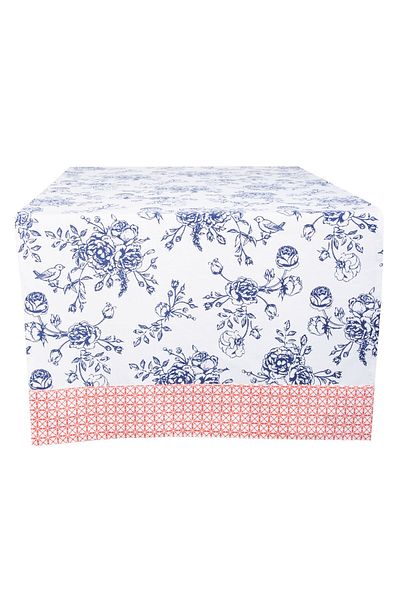 Clayre & Eef Față de masă din bumbac alb-albastru Flori albastre 50 cm x140 cm