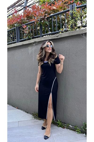 nedo7 Women's Round Rib Collar White Slit Detailed Viscose Full Length Dress