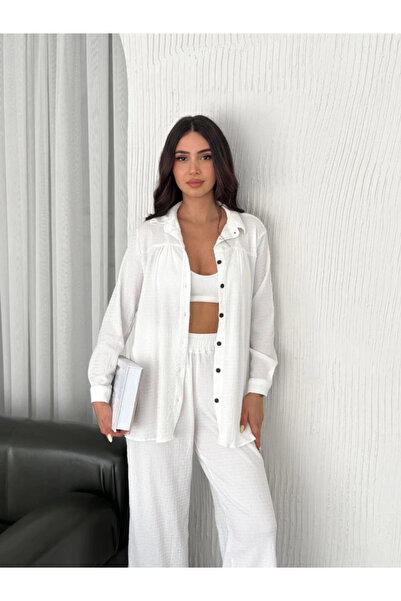 My Reality Fashion Collared Buttoned Long Sleeve Shirt Pants Double Set - White