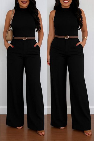 COTTONLAB Women's High Waist Wide Leg Detailed Imported Crepe Trousers with Pockets
