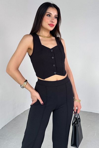 Cappmoda Tkm-13308 Black Button Collar Detail Vest & Elastic Waist Trousers Set of Two