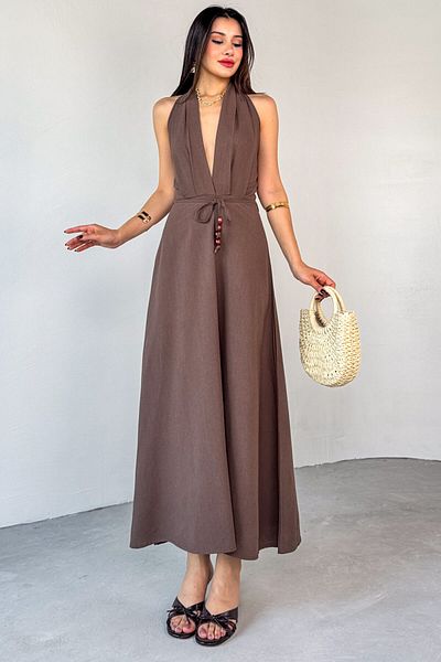 Cappmoda Elb-01787 Brown Backless Thin Belt Detailed Linen Summer Dress