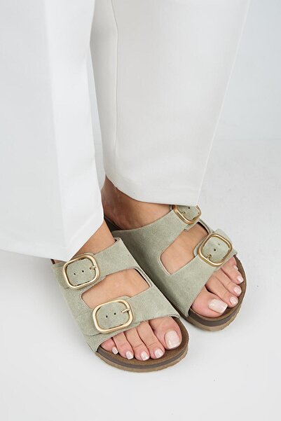 Manijero Jazmin Women's Genuine Leather Double Buckle Water Green Slippers