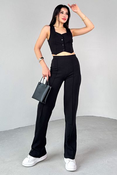 Cappmoda Tkm-13308 Black Button Collar Detail Vest & Elastic Waist Trousers Set of Two