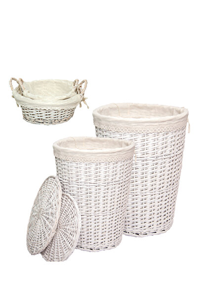 Bahçem Yuvarlak Kapaklı Beyaz Hasır 4'lü Set Kirli Çamaşır Sepeti Astarlı