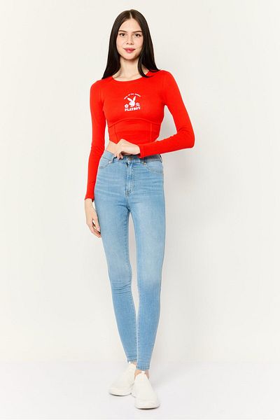 Don't Call Me Jennyfer Playboy x DCMJ Women Round Neck Long Sleeve T-Shirt, Red