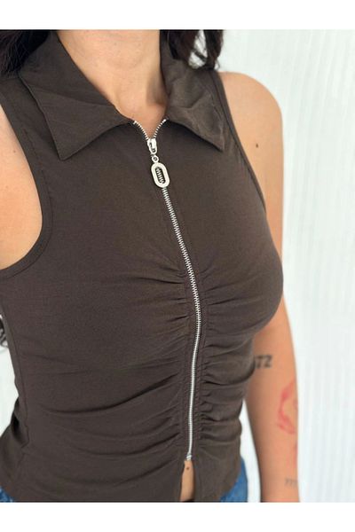MRA Fashion Collared Full Zipper Tank Top - Brown