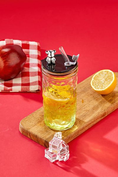 NY HOME Soft Drink Glass with Teddy Bear Figure and Glass Straw Transparent 420 ml