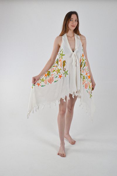 CASPARA Sea Horse Pattern Bell Vest I Cotton Orange Viscon Fabric I Beach Clothing Pareo Beachwear
