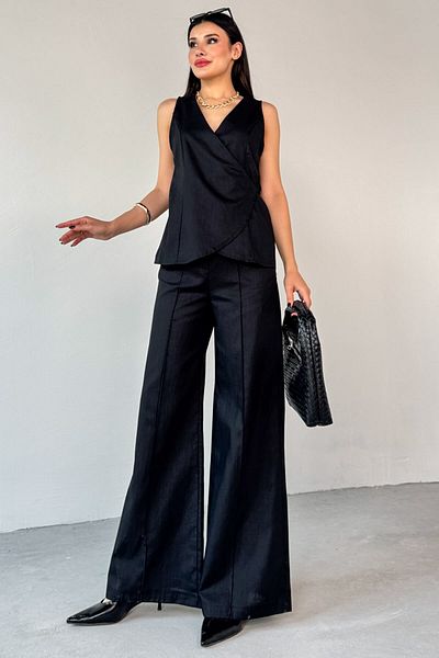 Cappmoda Tkm-13310 Black Tie-Up Double Breasted Collar Blouse & Loose Trousers Linen Two-Piece Suit