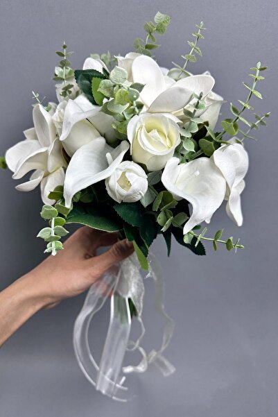 Limelia Lale Ve Gala Okaliptuslu Gelin Çiçeği Buketi Yaka Çiçeği