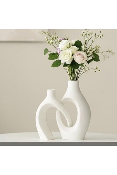 Generic White Ceramic Vases, Set of 2, Round Hollow, Modern Flower Vase for Home Decor, Boho Style, Minimali