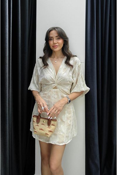 Havoş Beige Front Knotted Embroidered Dress