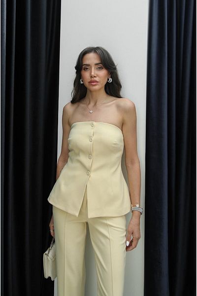 Havoş Light Yellow Coated Button Strapless Trousers Suit