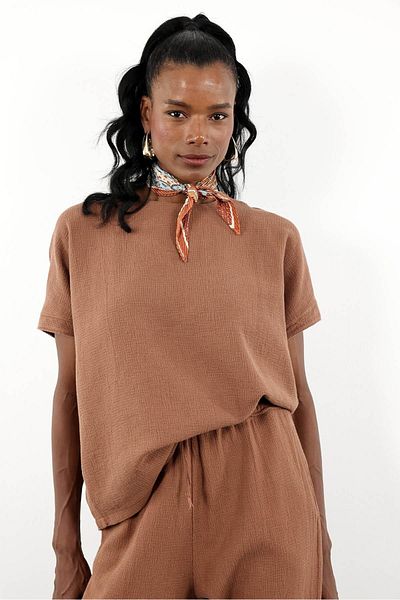5in1Canpolat Brown Linen Blouse Trousers Set 0001