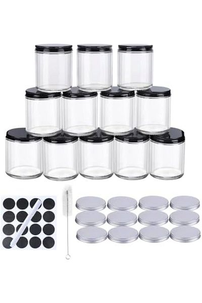 Generic عبوة من ١٢ برطمان زجاجي من سكاي لينك، سعة ٨ أونصات، بأغطية معدنية سوداء وأغطية ألومنيوم فضية، شمعة فارغة دائرية شفافة