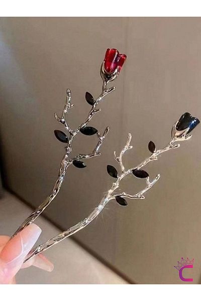 Cinderella Pachet de 2 agrafe de păr gotice, negru, trandafir roșu, metal, 17 cm - cadou, stil chinezesc japonez