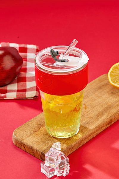 NY HOME Glass with Straw, Leakproof Lid - Red Striped Glass Cup