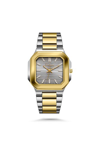 catera Men's square stainless steel watch with a silver and gold tone and a gray dial