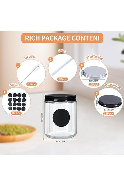 Generic عبوة من ١٢ برطمان زجاجي من سكاي لينك، سعة ٨ أونصات، بأغطية معدنية سوداء وأغطية ألومنيوم فضية، شمعة فارغة دائرية شفافة
