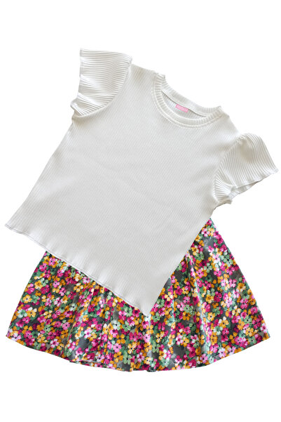 MODA59 Girl's Skirt Suit, Skirt T-Shirt Suit, Floral Skirt Twill Ecru T-Shirt