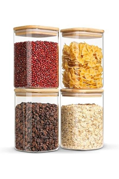 Generic ComSaf Airtight Glass Storage Canister with Wood Lid (37oz), Clear Food Storage Container Jar with S
