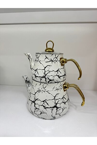 EVRA Beyaz Renk Siyah Çizgili Granit Çaydanlık