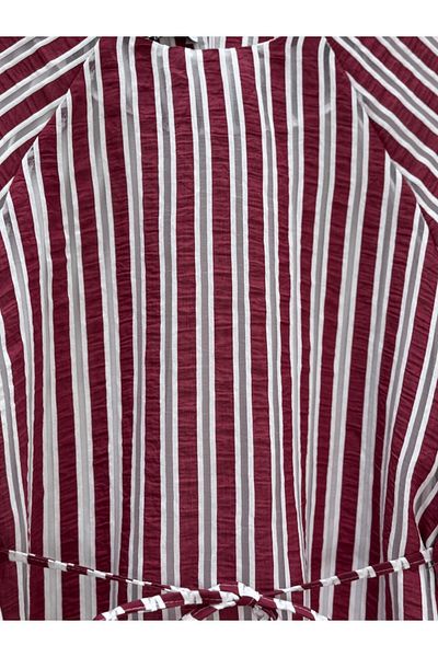 Modamorfo Balloon Sleeve Waist Lined Striped Tunic - Claret Red