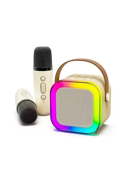 ABYZ Karaoke Speaker with 2 Wireless Microphones, Portable Speaker with Colorful LED Compact White