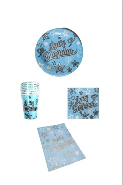 PartAntalya Set farfurie/cană/servetel/față de masă Happy Birthday Blue Silver pentru 24 de persoane