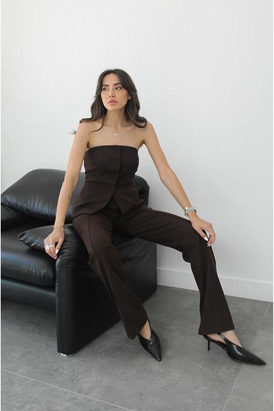 Havoş Brown Coated Button Strapless Pants Suit
