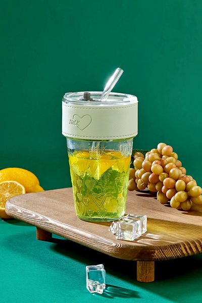 NY HOME Glass with Straw, Leakproof Lid - Gray Striped Glass Cup