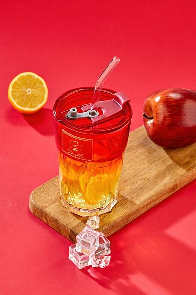 NY HOME Premium Glass Cup – Stripe Detail, Straw, Leak Proof Lid / Red Lid