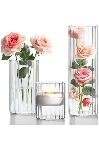 Generic ComSaf Vase Set of 3, Flower Vase for Table Decoration, Clear Small Glass Vase for Home Decor, Cylin