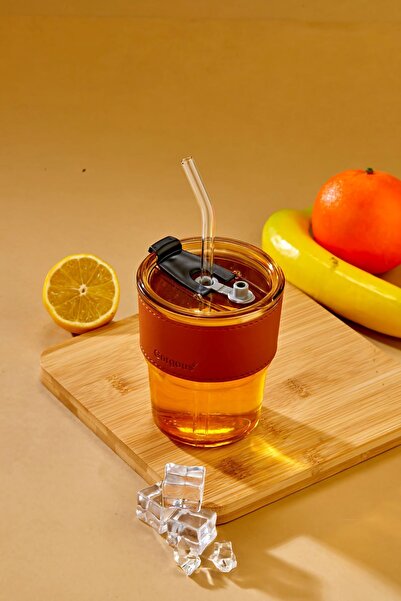 NY HOME Brown Stripe Detail, Glass Straw, Leakproof Lid