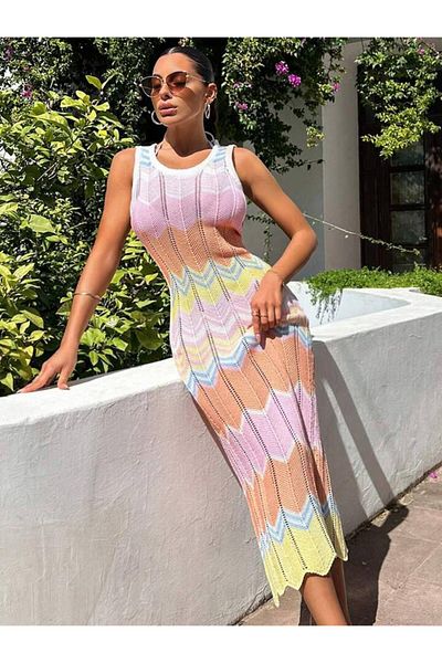 S&A Collectionn Rochie de damă, cu decolteu, cu model în dungi, colorată, lungă