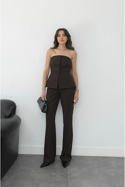 Havoş Brown Coated Button Strapless Pants Suit