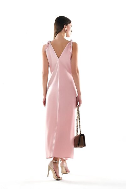 EXPLOSION Saten Omuzu Bağlamalı Çift Taraf Kumaş Detaylı Midi Boy Elbise