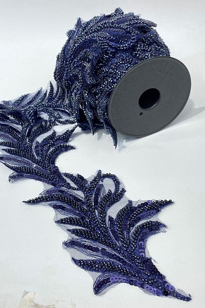 Limelia Navy Blue Bead Embroidered Leaf Pattern Wide Ribbon Applique 1 Meter