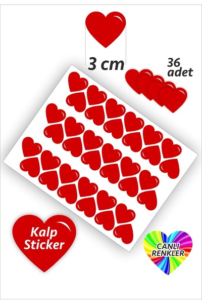 İstisna 36 Adet Kalp Etiket Kırmızı Renk 3 Cm Kalp Temalı Sticker Seti