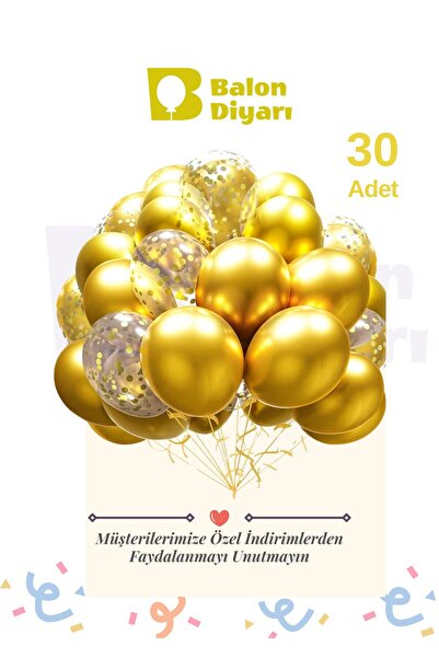 BALON DİYARI Konfetili Balonlar 30'lı Paket Krom Altın Şeffaf Lüks Balon