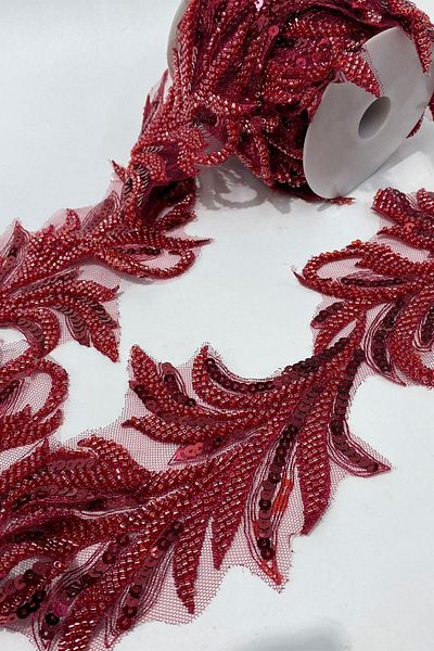 Limelia Burgundy Bead Embroidered Leaf Pattern Wide Ribbon Applique 1 Meter